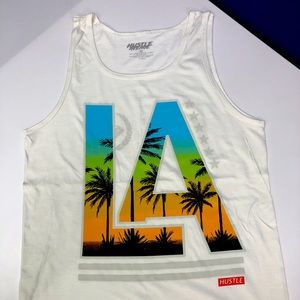 Medium, New, White Tank Top with Colorful LA Text from Hustler Avenue.